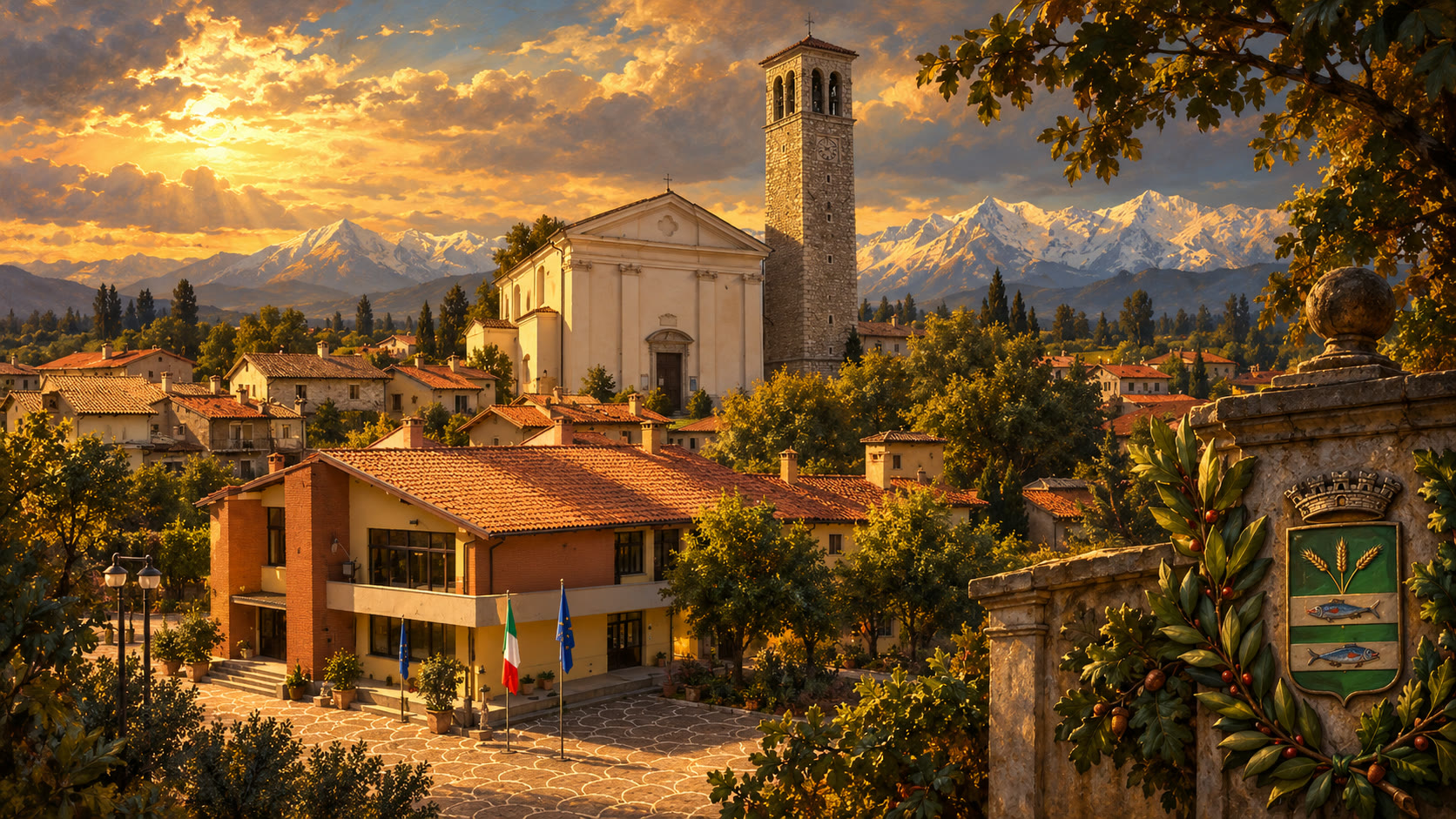 Illustrazione di Pocenia fornita dalla famiglia, con chiesa, campanile e paesaggio